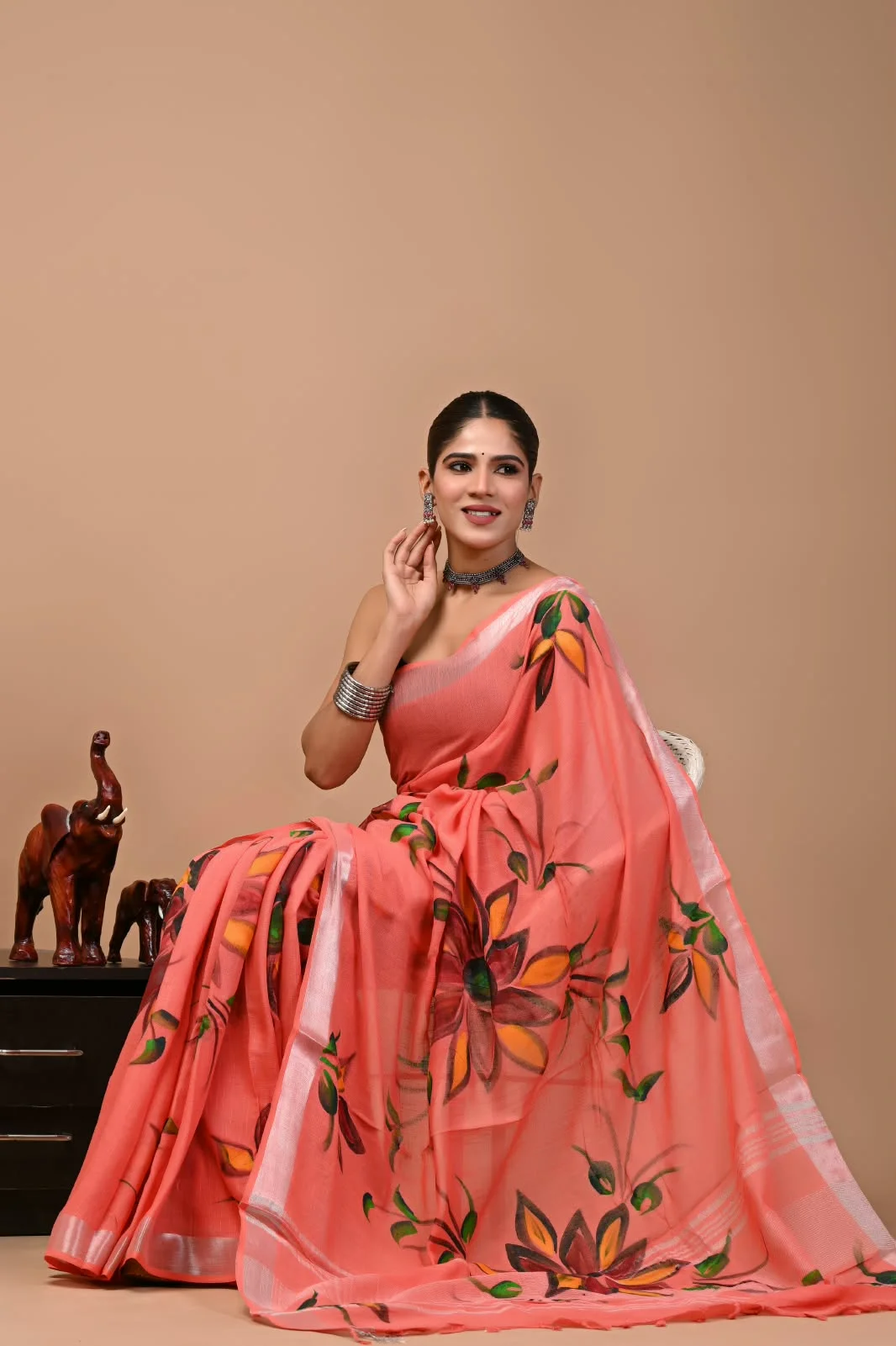 Coral Pink Bagru Hand Block Printend Soft Linen Fabric Saree